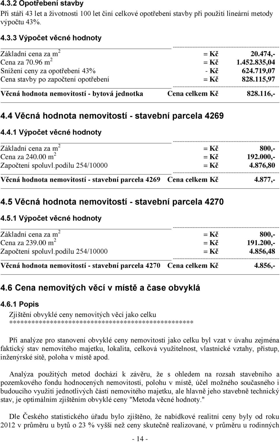 115,97 Věcná hodnota nemovitostí - bytová jednotka Cena celkem Kč 828.116,- 4.4 Věcná hodnota nemovitostí - stavební parcela 4269 4.4.1 Výpočet věcné hodnoty Základní cena za m 2 = Kč 800,- Cena za 240.