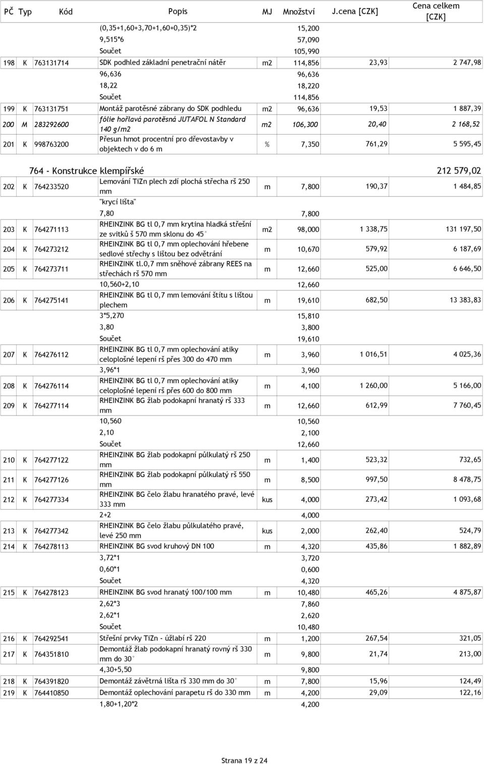 objektech v do 6 m % 7,350 761,29 5 595,45 764 - Konstrukce klempířské 202 K 764233520 Lemování TiZn plech zdí plochá střecha rš 250 mm m 7,800 "krycí lišta" 7,80 7,800 203 K 764271113 RHEINZINK BG