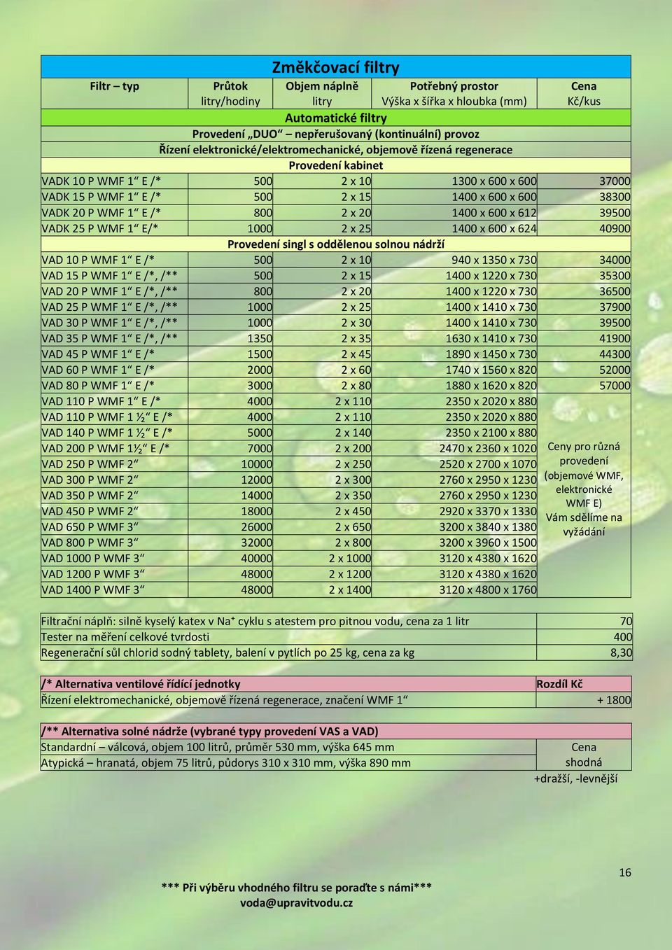 40900 Provedení singl s oddělenou solnou nádrží VAD 10 P WMF 1 E /* 500 2 x 10 940 x 1350 x 730 34000 VAD 15 P WMF 1 E /*, /** 500 2 x 15 1400 x 1220 x 730 35300 VAD 20 P WMF 1 E /*, /** 800 2 x 20