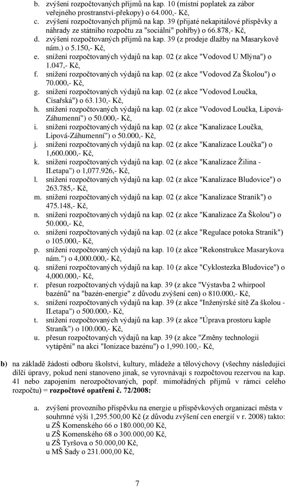 snížení rozpočtovaných výdajů na kap. 02 (z akce "Vodovod Za Školou") o 70.000,- Kč, g. snížení rozpočtovaných výdajů na kap. 02 (z akce "Vodovod Loučka, Císařská") o 63.130,- Kč, h.