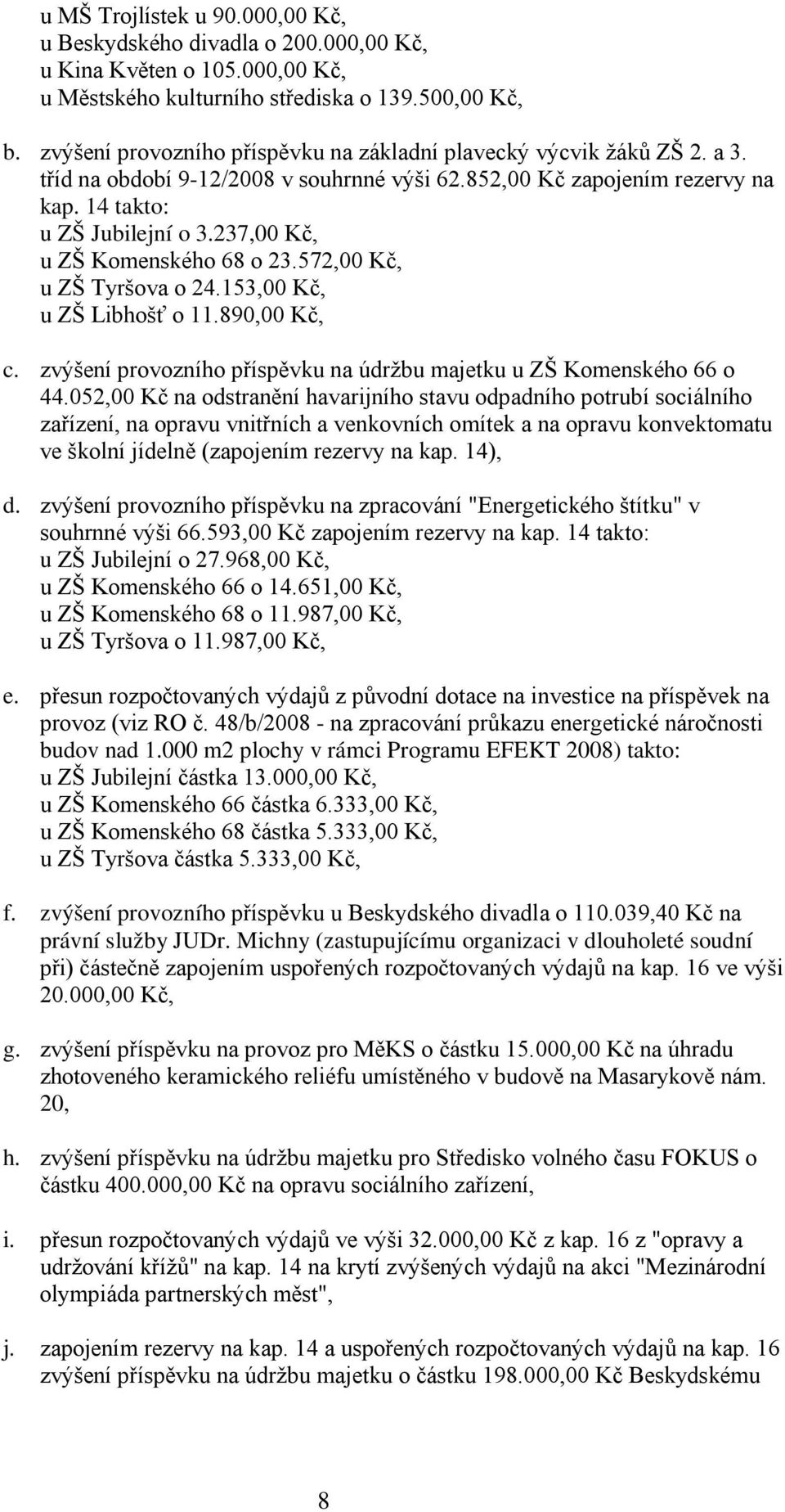 237,00 Kč, u ZŠ Komenského 68 o 23.572,00 Kč, u ZŠ Tyršova o 24.153,00 Kč, u ZŠ Libhošť o 11.890,00 Kč, c. zvýšení provozního příspěvku na údržbu majetku u ZŠ Komenského 66 o 44.