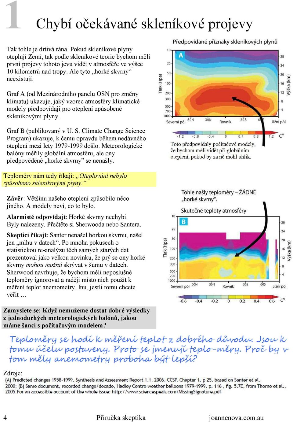 Graf A (od Mezinárodního panelu OSN pro změny klimatu) ukazuje, jaký vzorec atmosféry klimatické modely předpovídají pro oteplení způsobené skleníkovými plyny. Graf B (publikovaný v U. S.