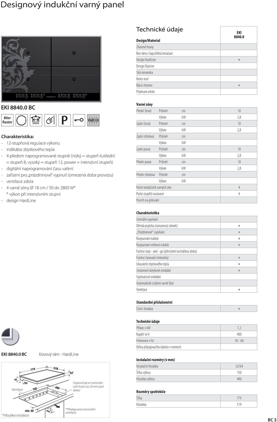 diitální naproramování času vaření - zařízení pro prázdninové vypnutí (omezená doba provozu) - ventilace zdola - 4 varné zóny Ø 8 / 50 do 2800 W* * výkon při intenzivním stupni - desin HardLine Varné