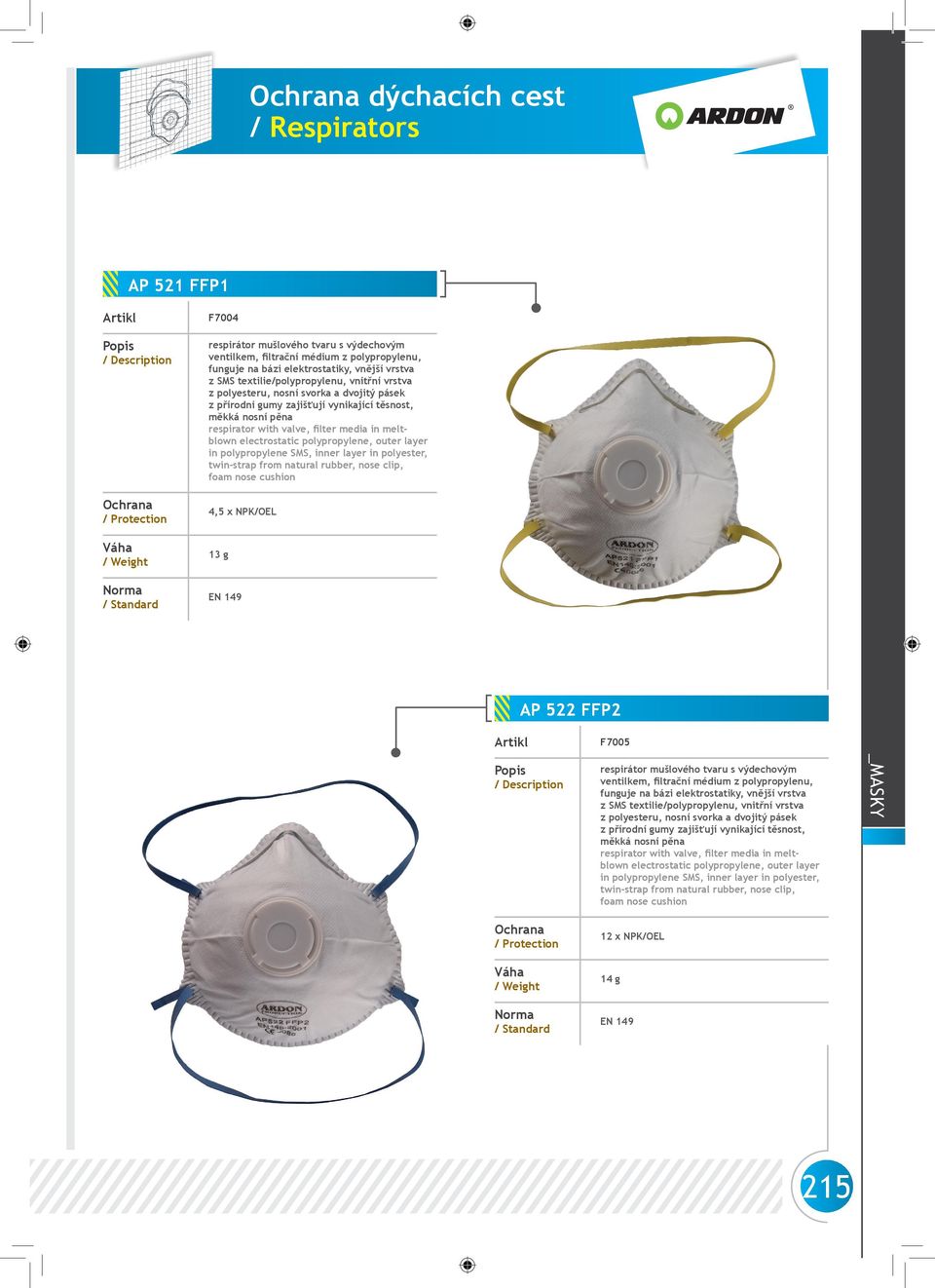 polypropylene SMS, inner layer in polyester, twin-strap from natural rubber, nose clip, foam nose cushion 4,5 x NPK/OEL 13 g AP 522 FFP2 F7005 respirátor mušlového tvaru s výdechovým ventilkem,