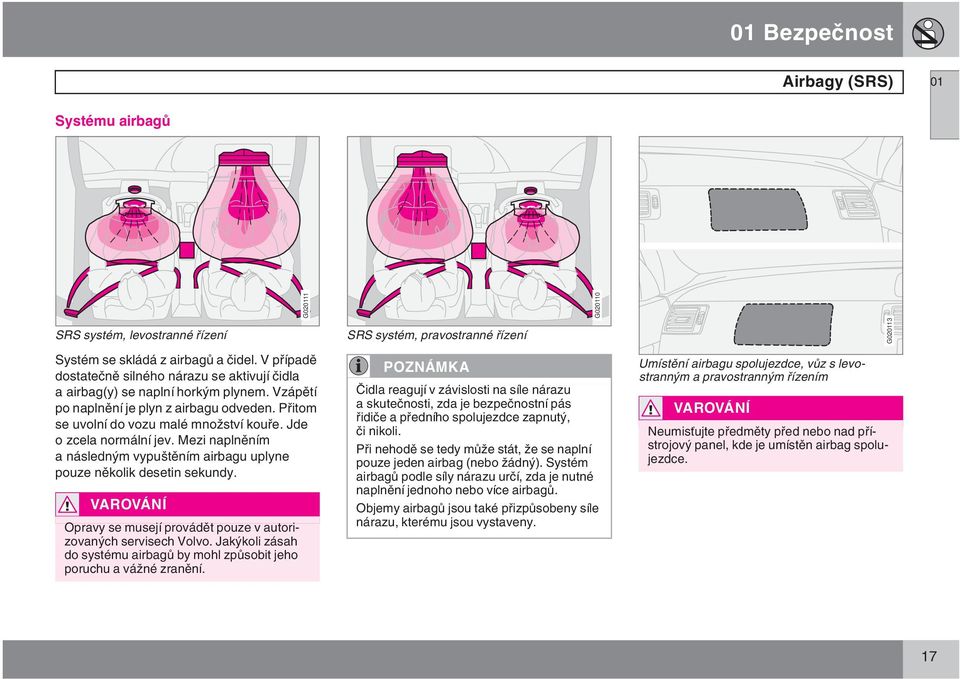 Jde o zcela normální jev. Mezi naplněním a následným vypuštěním airbagu uplyne pouze několik desetin sekundy. VAROVÁNÍ Opravy se musejí provádět pouze v autorizovaných servisech Volvo.