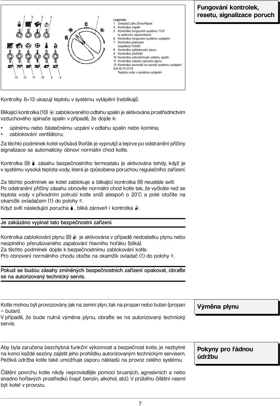 8-9-10-11-12-13 Teplota vody v systému vytápění Fungování kontrolek, resetu, signalizace poruch Kontrolky 8 13 ukazují teplotu v systému vytápění (neblikají).