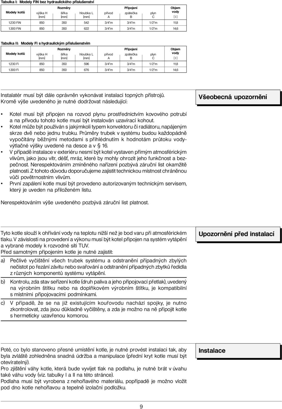300 FiN 850 350 622 3/4 m 3/4 m 1/2 m 14,6 Tabulka II: Modely Fi s hydraulickým příslušenstvím Modely kotlů výška H [mm] Rozměry šířka [mm] hloubka L [mm] přívod A Připojení zpátečka B plyn C Objem