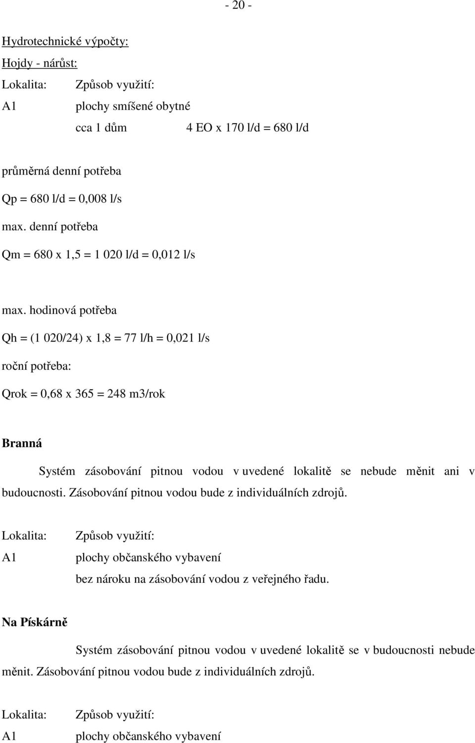 hodinová potřeba Qh = (1 020/24) x 1,8 = 77 l/h = 0,021 l/s roční potřeba: Qrok = 0,68 x 365 = 248 m3/rok Branná Systém zásobování pitnou vodou v uvedené lokalitě se nebude měnit ani v budoucnosti.