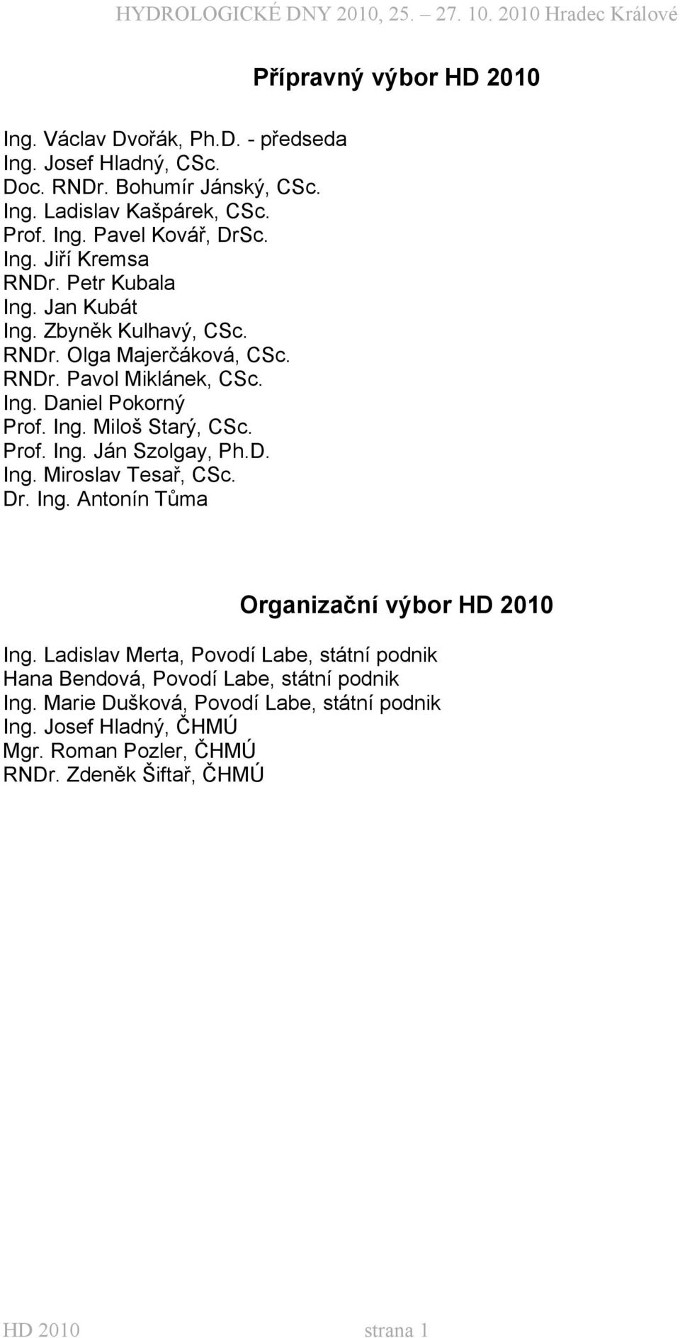 Prof. Ing. Ján Szolgay, Ph.D. Ing. Miroslav Tesař, CSc. Dr. Ing. Antonín Tůma Organizační výbor HD 2010 Ing.