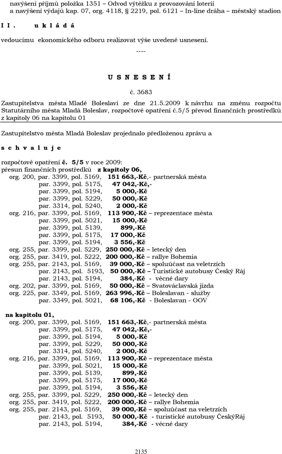 2009 k návrhu na změnu rozpočtu Statutárního města Mladá Boleslav, rozpočtové opatření č.5/5 převod finančních prostředků z kapitoly 06 na kapitolu 01 rozpočtové opatření č.