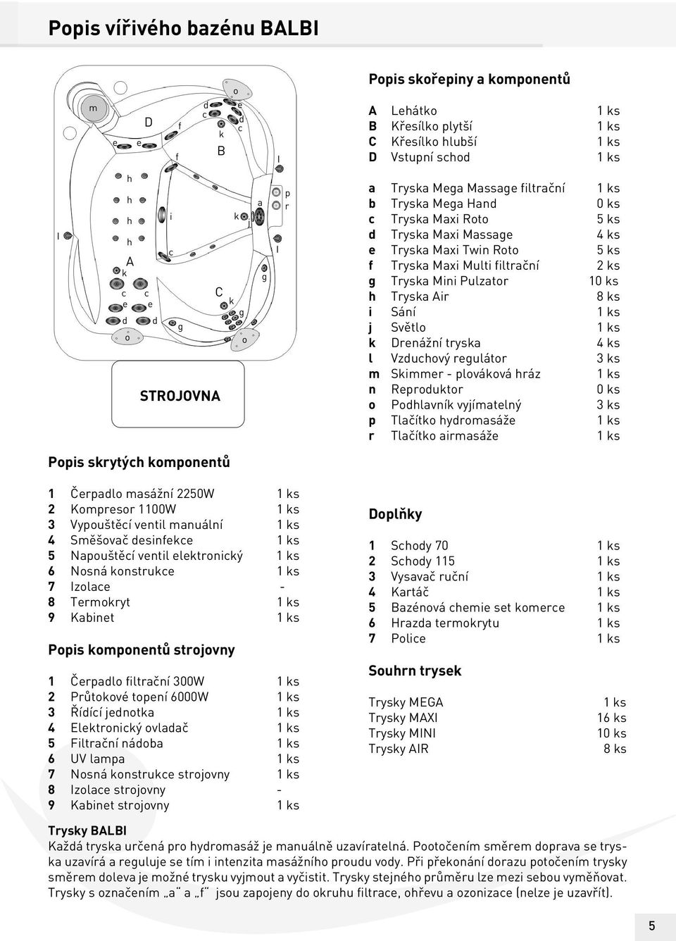 filtrační 2 ks g Tryska Mini Pulzator 10 ks h Tryska Air 8 ks i Sání 1 ks j Světlo 1 ks k Drenážní tryska 4 ks l Vzduchový regulátor 3 ks m Skimmer - plováková hráz 1 ks n Reproduktor 0 ks o