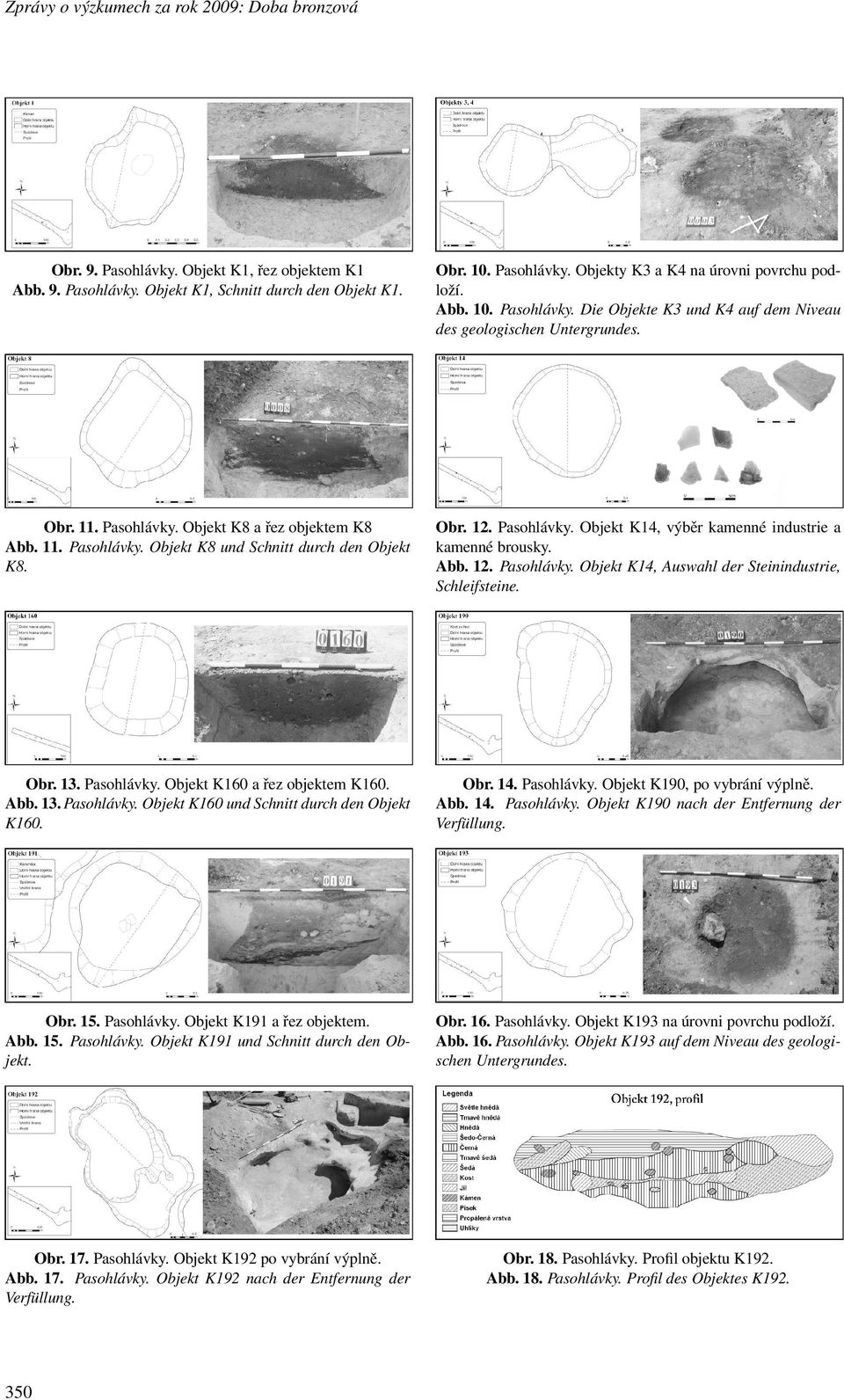 Obr. 12. Pasohlávky. Objekt K14, výbe r kamenné industrie a kamenné brousky. Abb. 12. Pasohlávky. Objekt K14, Auswahl der Steinindustrie, Schleifsteine. Obr. 13. Pasohlávky. Objekt K160 a r ez objektem K160.