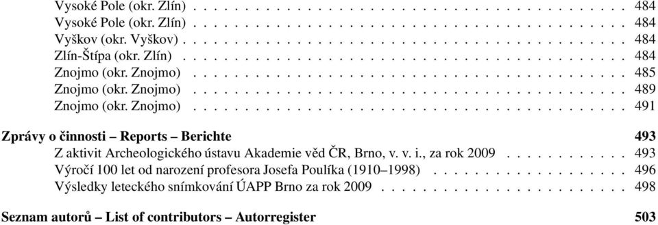 Znojmo).......................................... 491 Zprávy o činnosti Reports Berichte 493 Z aktivit Archeologického ústavu Akademie věd ČR, Brno, v. v. i., za rok 2009.