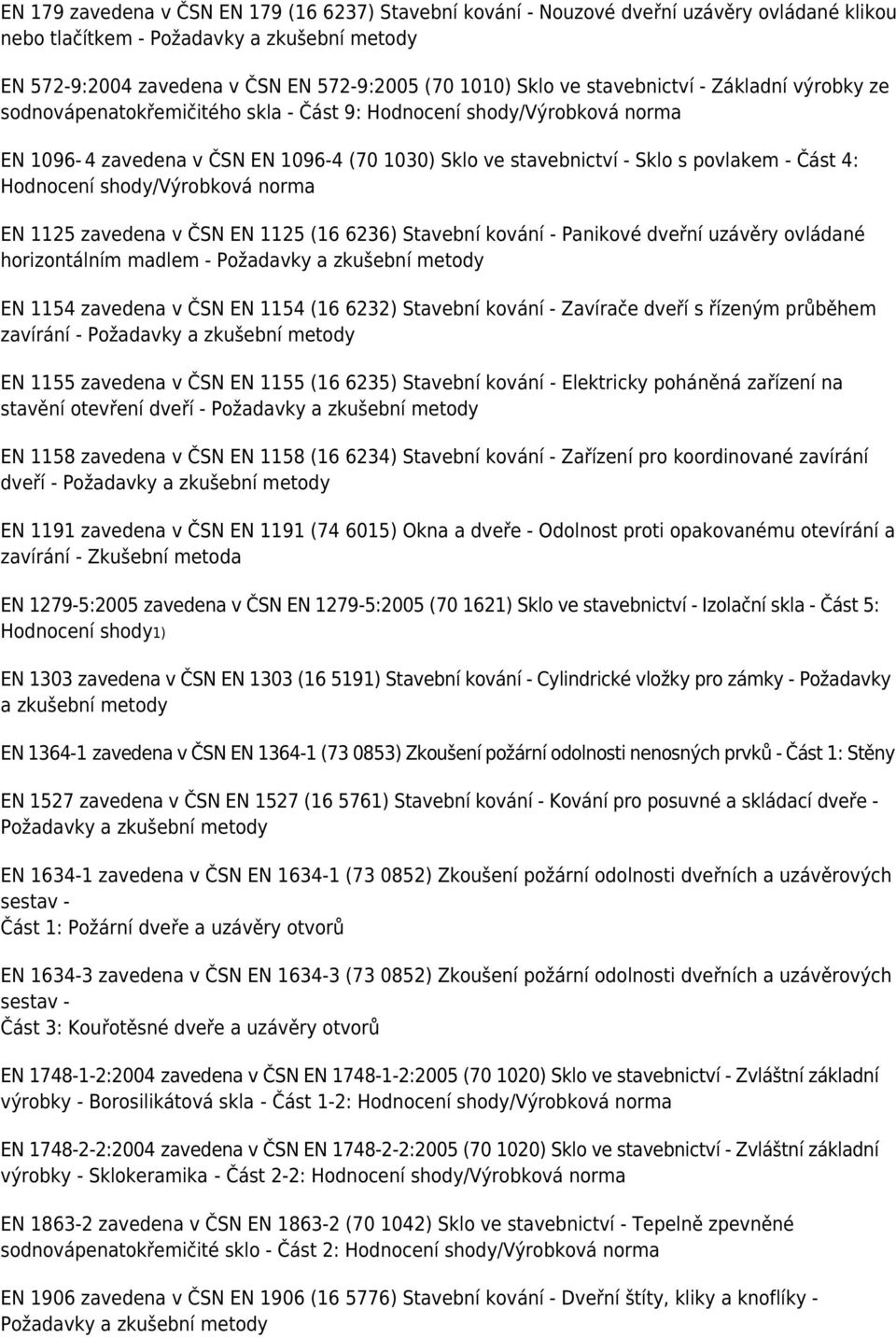 Část 4: Hodnocení shody/výrobková norma EN 1125 zavedena v ČSN EN 1125 (16 6236) Stavební kování - Panikové dveřní uzávěry ovládané horizontálním madlem - Požadavky a zkušební metody EN 1154 zavedena