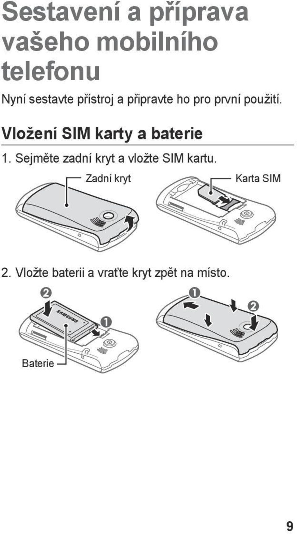 Vložení SIM karty a baterie 1.