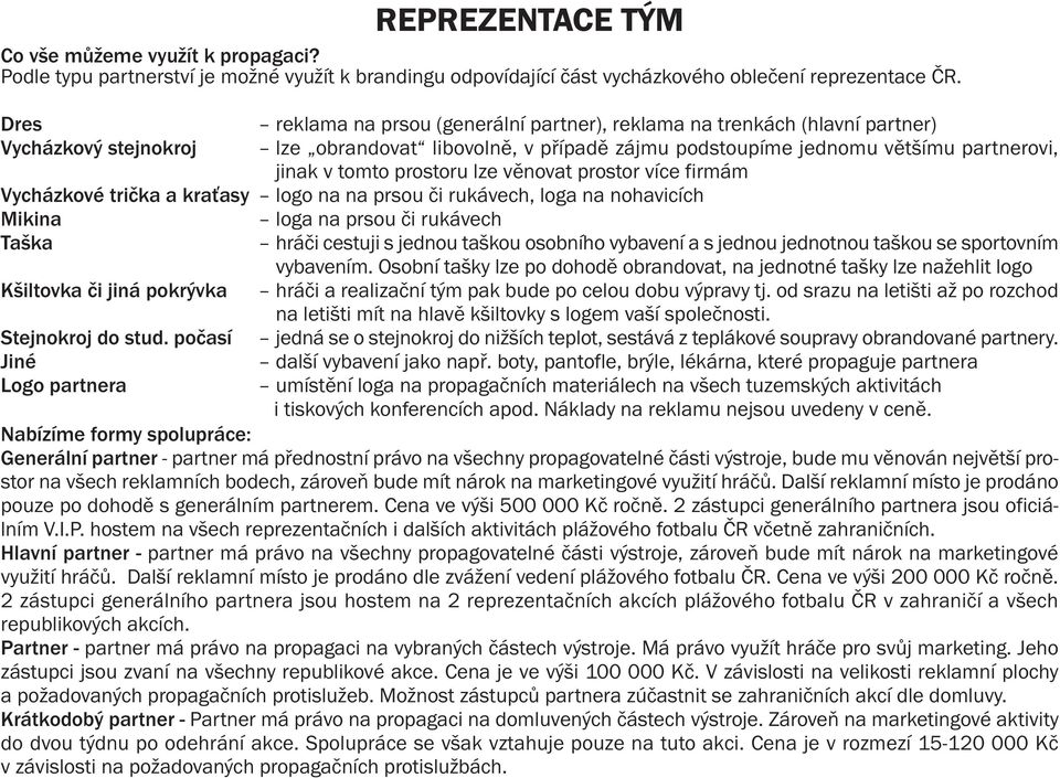 prostoru lze věnovat prostor více firmám Vycházkové trička a kraťasy logo na na prsou či rukávech, loga na nohavicích Mikina loga na prsou či rukávech Taška hráči cestuji s jednou taškou osobního