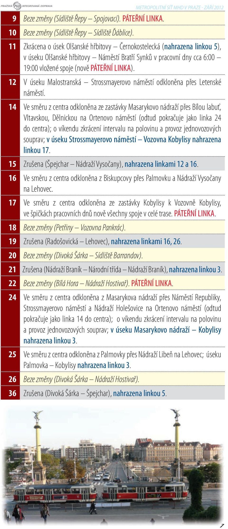 12 V úseku Malostranská Strossmayerovo náměstí odkloněna přes Letenské náměstí.