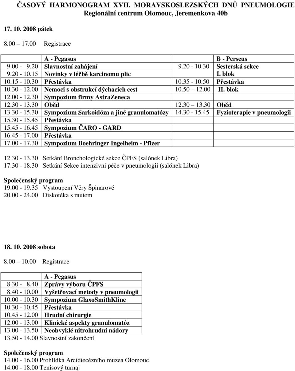 30 Sympozium firmy AstraZeneca 12.30-13.30 Oběd 12.30 13.30 Oběd 13.30-15.30 Sympozium Sarkoidóza a jiné granulomatózy 14.30-15.45 Fyzioterapie v pneumologii 15.30-15.45 Přestávka 15.45-16.