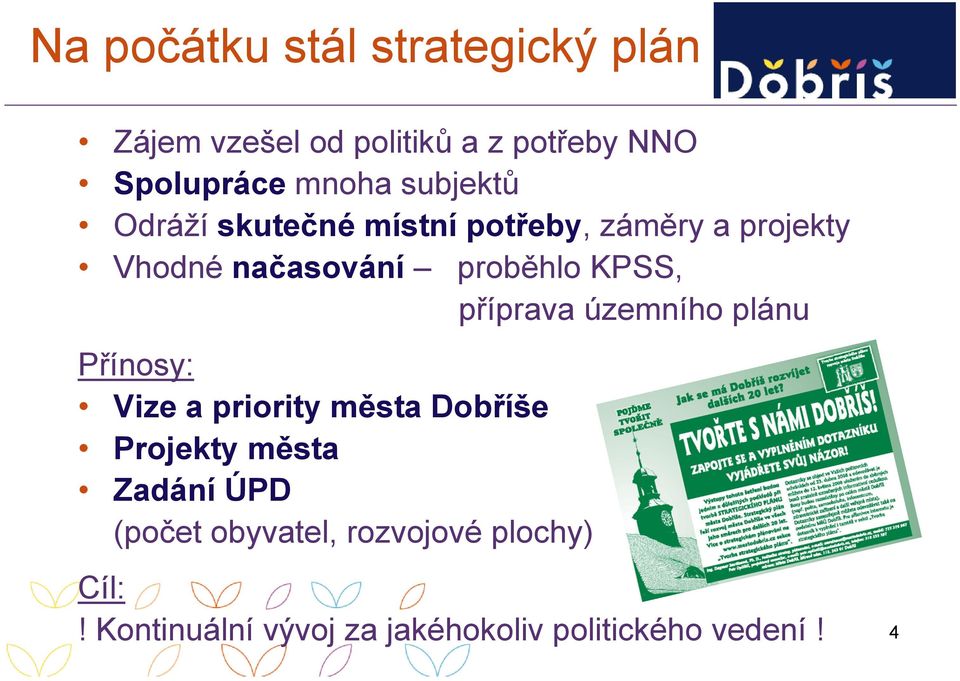 příprava územního plánu Přínosy: Vize a priority města Dobříše Projekty města Zadání ÚPD