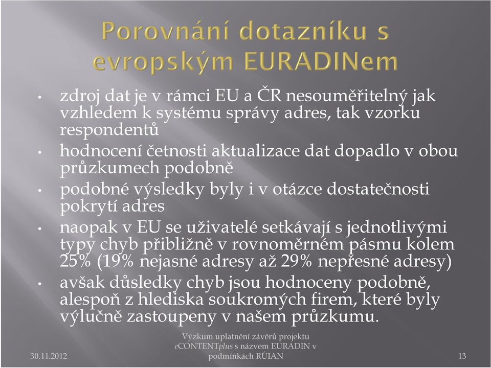 uživatelé setkávají s jednotlivými typy chyb přibližně v rovnoměrném pásmu kolem 25% (19% nejasné adresy až 29% nepřesné