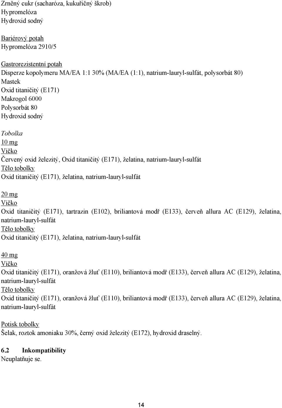 Oxid titaničitý (E171), želatina, natrium-lauryl-sulfát 20 mg Víčko Oxid titaničitý (E171), tartrazin (E102), briliantová modř (E133), červeň allura AC (E129), želatina, natrium-lauryl-sulfát Tělo