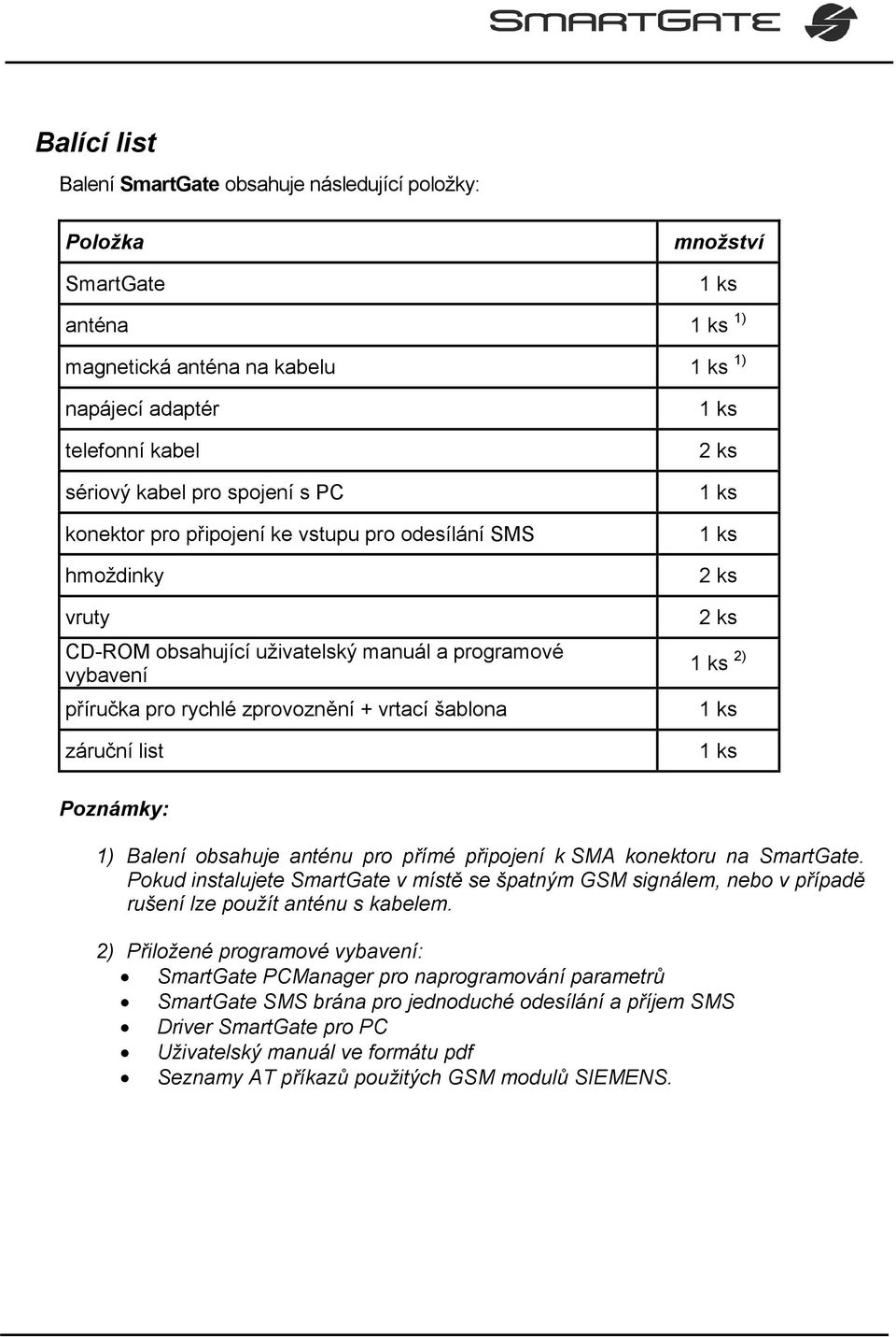 list 1 ks 2 ks 1 ks 1 ks 2 ks 2 ks 1 ks 2) 1 ks 1 ks Poznámky: 1) Balení obsahuje anténu pro přímé připojení k SMA konektoru na SmartGate.