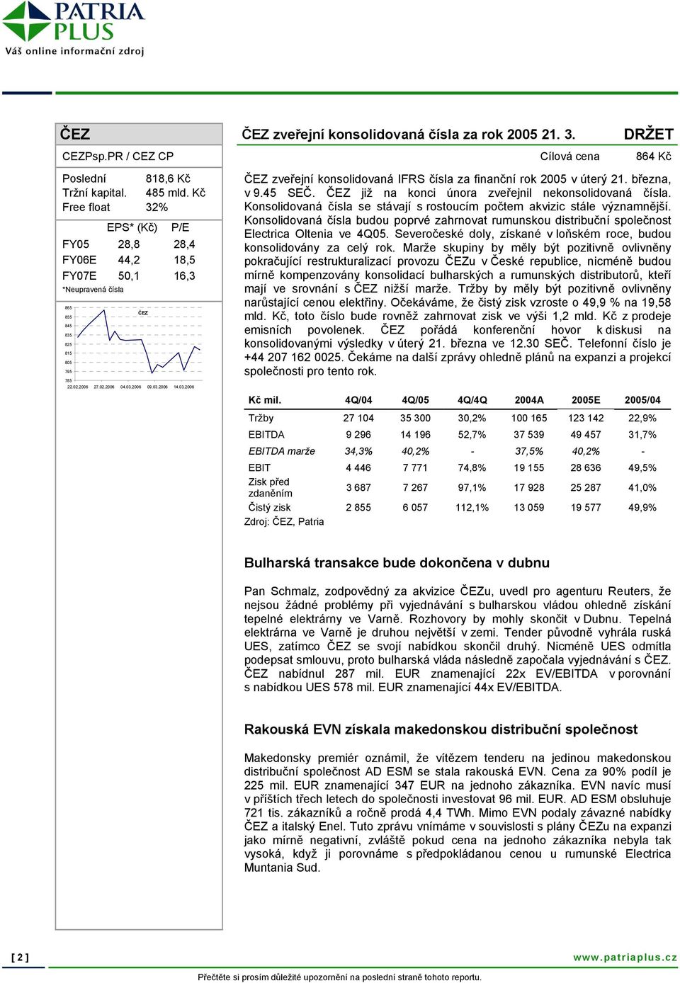 2006 09.03.2006 14.03.2006 ČEZ zveřejní konsolidovaná IFRS čísla za finanční rok 2005 v úterý 21. března, v 9.45 SEČ. ČEZ již na konci února zveřejnil nekonsolidovaná čísla.