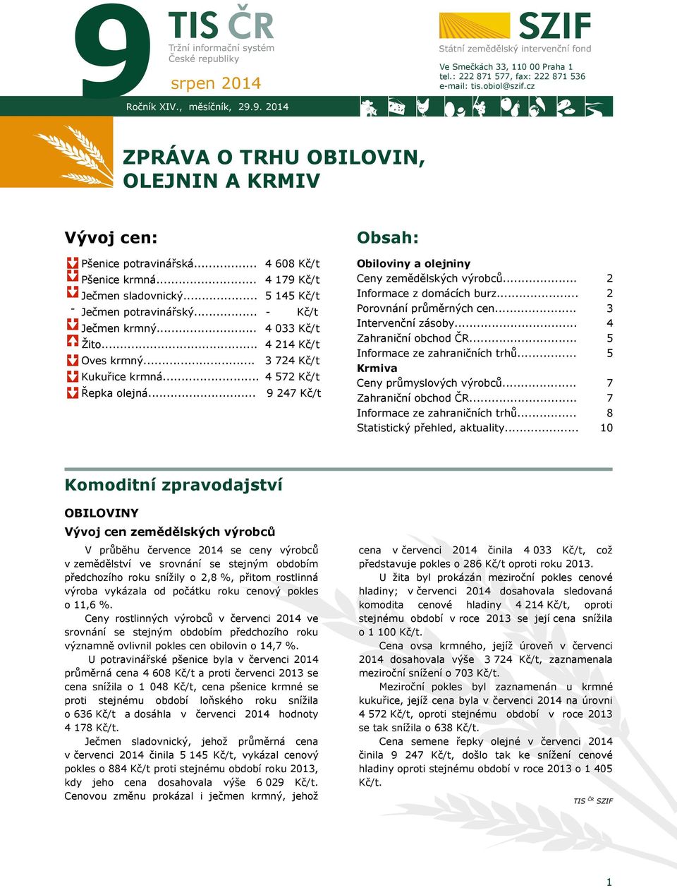 .. Kukuřice krmná... Řepka olejná... 4 608 Kč/t 4 179 Kč/t 5 145 Kč/t - Kč/t 4 033 Kč/t 4 214 Kč/t 3 724 Kč/t 4 572 Kč/t 9 247 Kč/t Obiloviny a olejniny Ceny zemědělských výrobců.