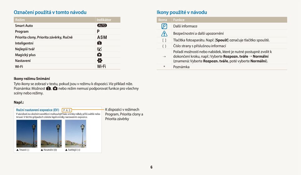 () Číslo strany s příslušnou informací Pořadí možností nebo nabídek, které je nutné postupně zvolit k dokončení kroku, např.: Vyberte Rozpozn. tváře Normální (znamená: Vyberte Rozpozn.