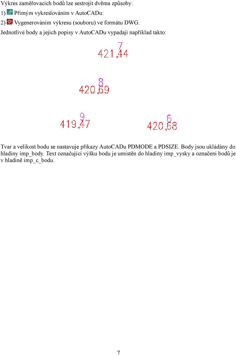 Jednotlivé body a jejich popisy v AutoCADu vypadají například takto: Tvar a velikost bodu se nastavuje