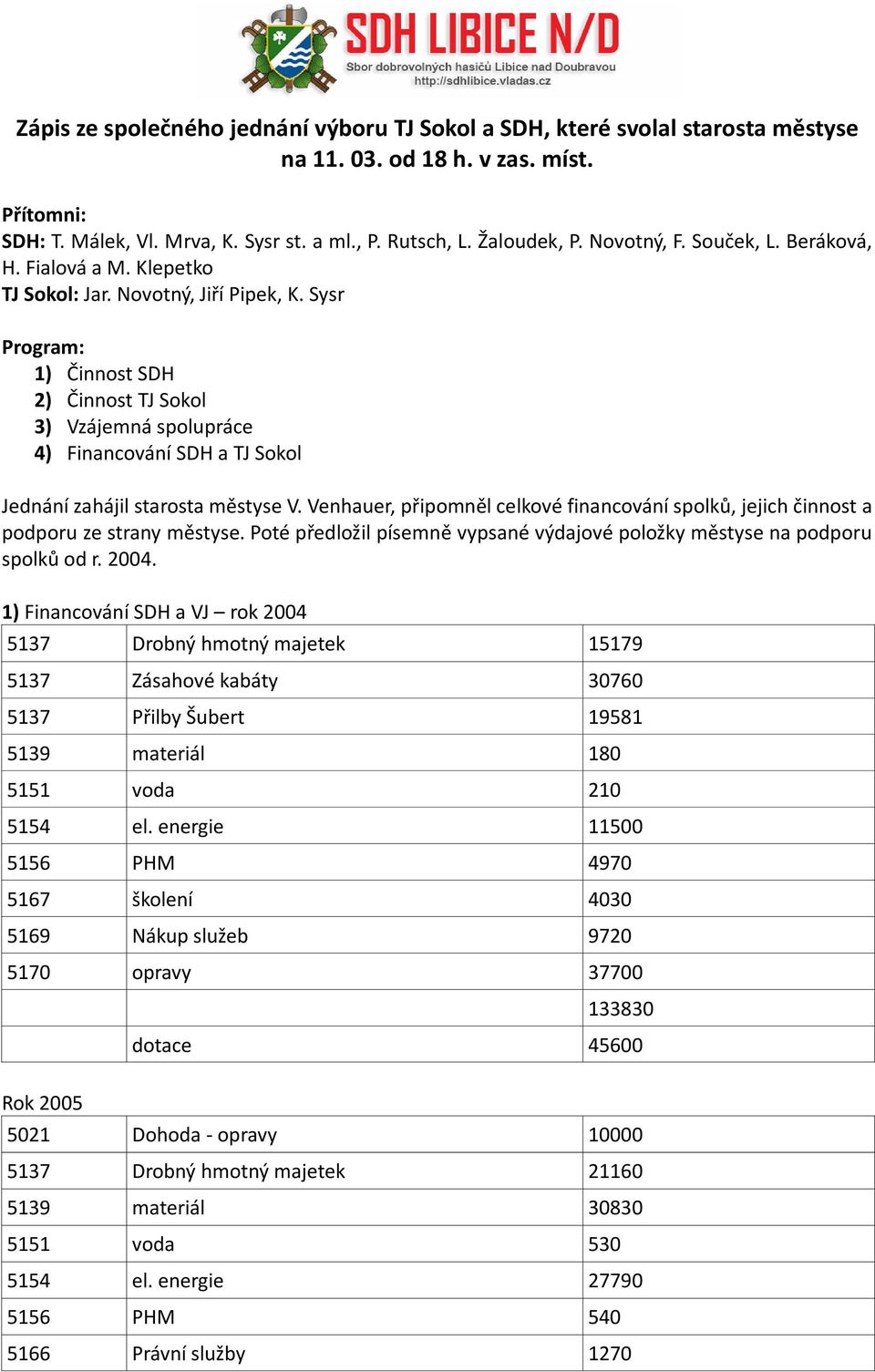 Sysr 1) Činnost SDH 2) Činnost TJ Sokol 3) Vzájemná spolupráce 4) Financování SDH a TJ Sokol Jednání zahájil starosta městyse V.