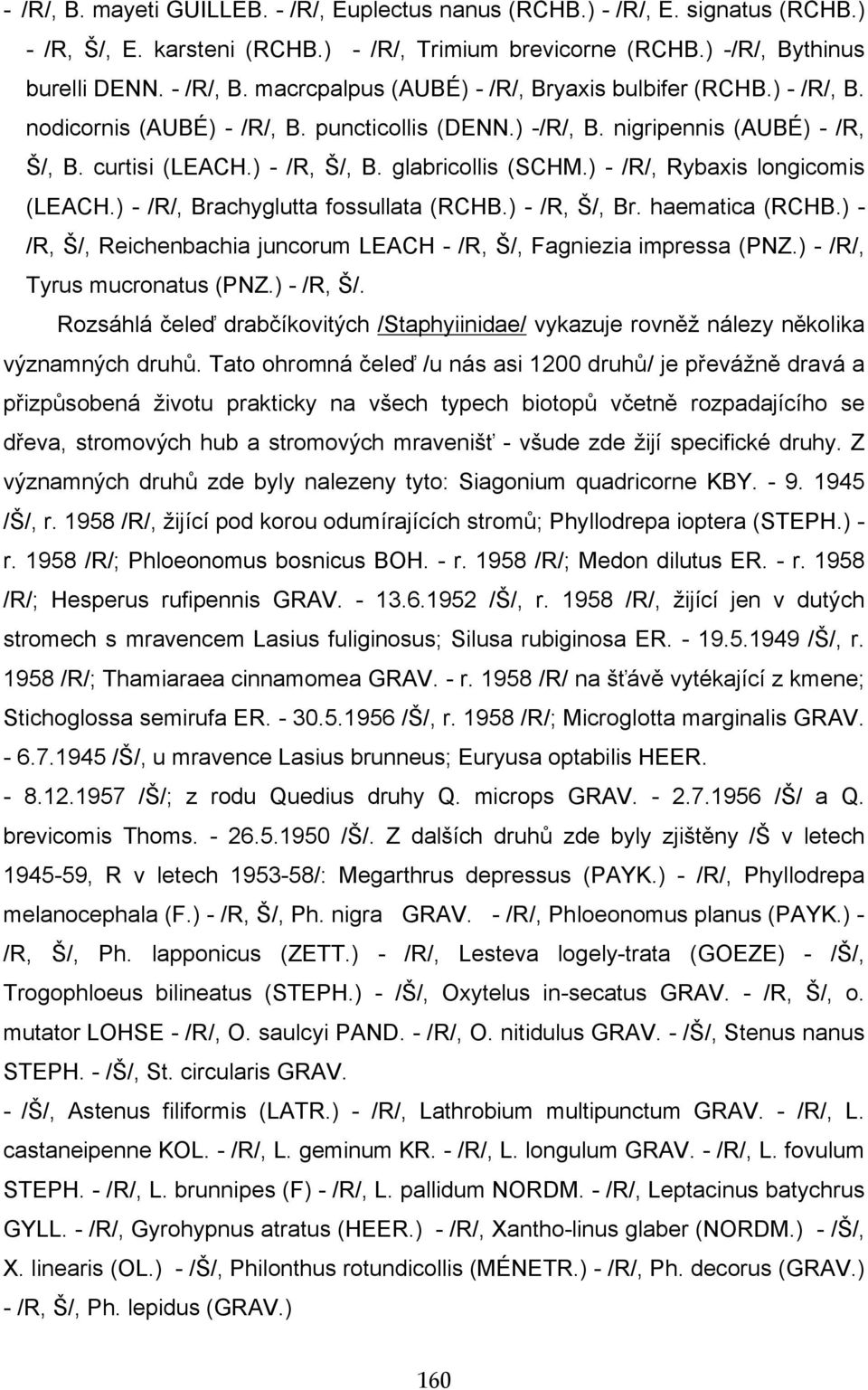 ) - /R/, Rybaxis longicomis (LEACH.) - /R/, Brachyglutta fossullata (RCHB.) - /R, Š/, Br. haematica (RCHB.) - /R, Š/, Reichenbachia juncorum LEACH - /R, Š/, Fagniezia impressa (PNZ.