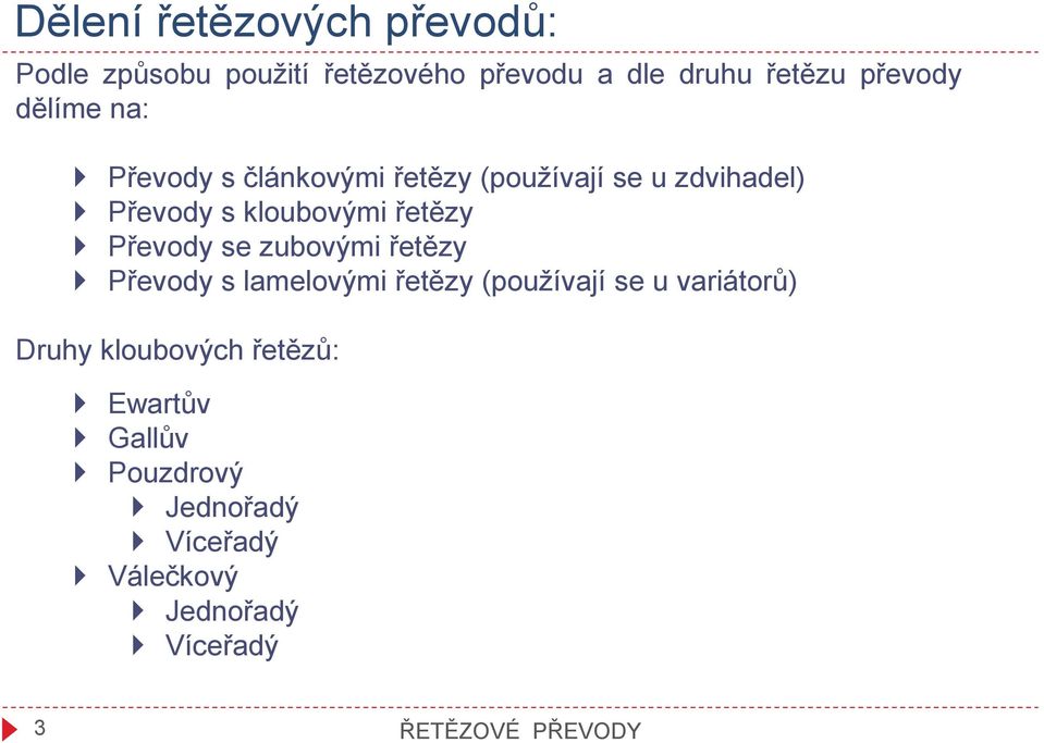 Převody se zubovými řetězy Převody s lamelovými řetězy (používají se u variátorů) Druhy