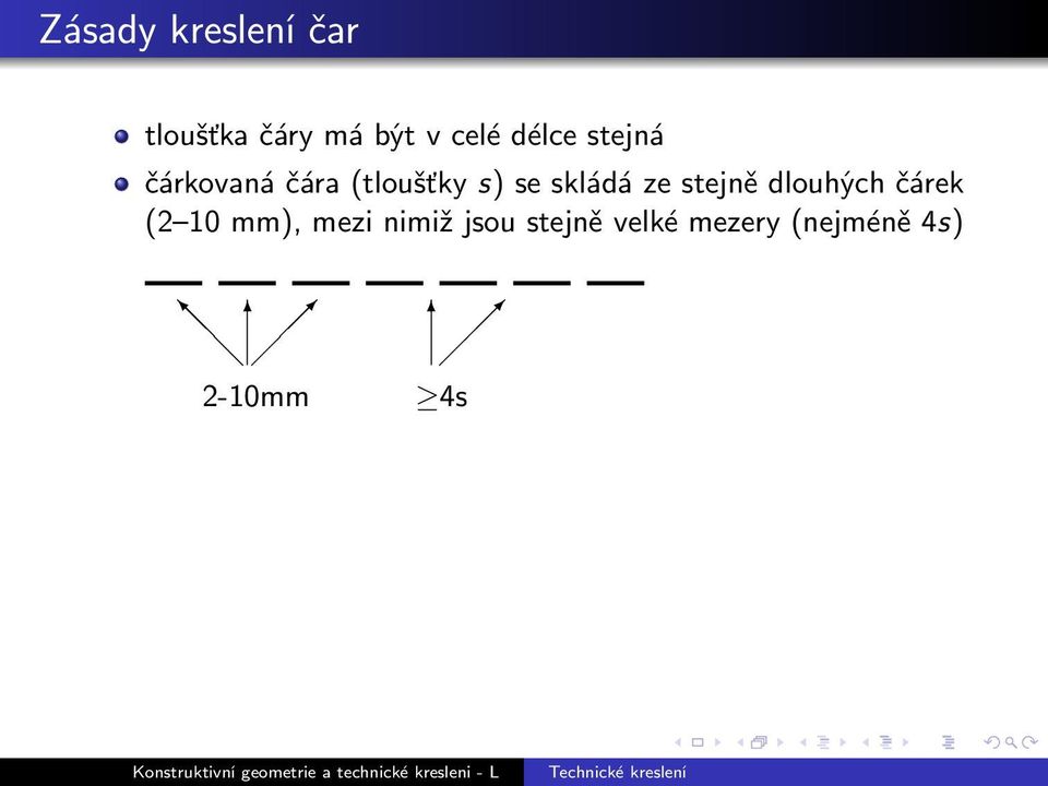 skládá ze stejně dlouhých čárek (2 10 mm), mezi