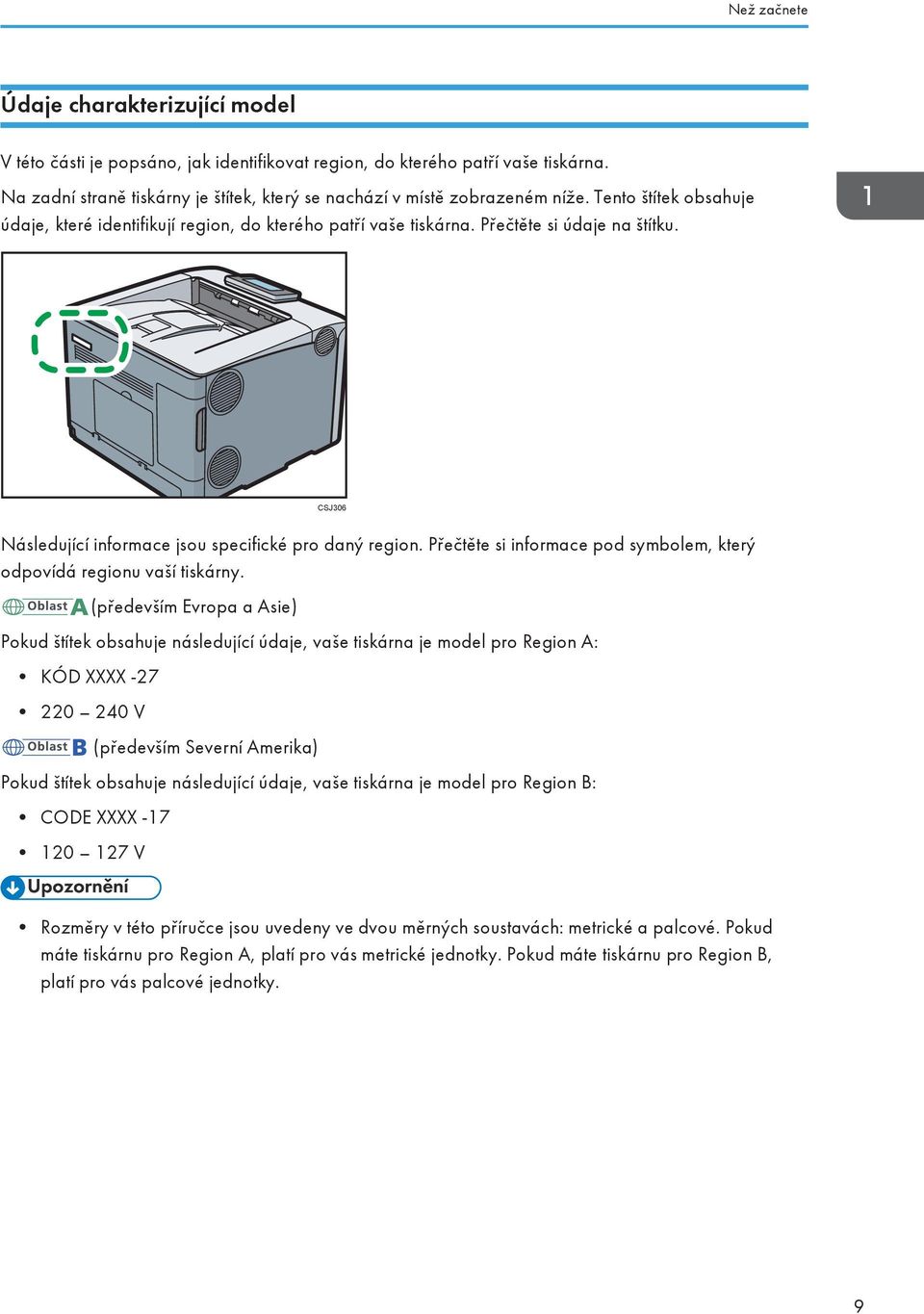 CSJ306 Následující informace jsou specifické pro daný region. Přečtěte si informace pod symbolem, který odpovídá regionu vaší tiskárny.
