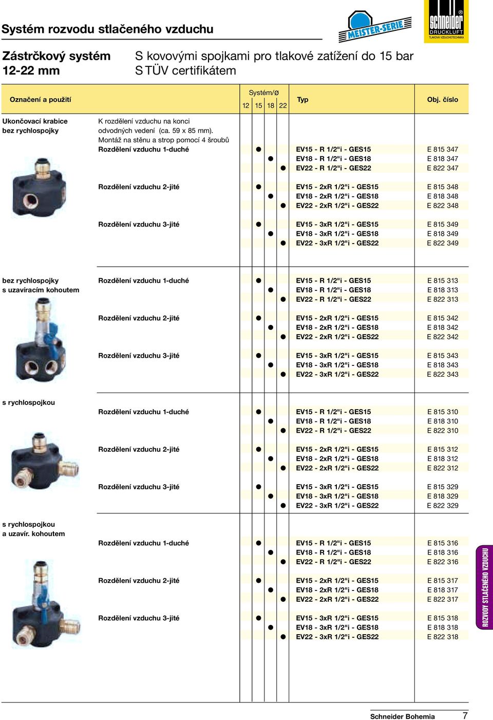 Montáž na stěnu a strop pomocí 4 šroubů Rozdělení vzduchu 1-duché EV15 - R 1/2"i - GES15 E 815 347 EV18 - R 1/2"i - GES18 E 818 347 EV22 - R 1/2"i - GES22 E 822 347 Rozdělení vzduchu 2-jité EV15-2xR