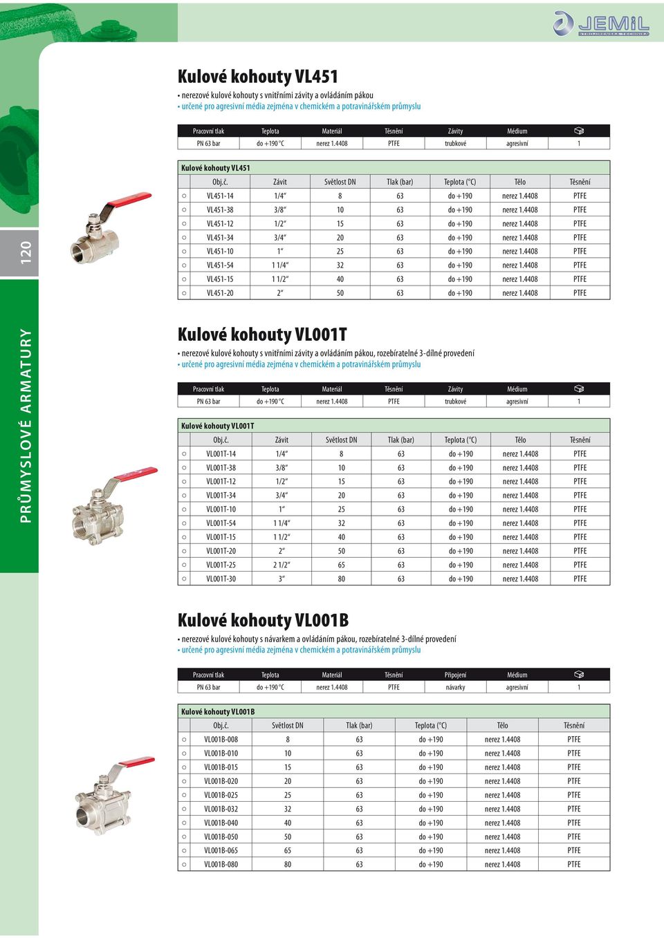 Závit Světlost DN Tlak (bar) Teplota ( C) Tělo Těsnění VL451-14 1/4 8 63 do +190 nerez 1.4408 PTFE VL451-38 3/8 10 63 do +190 nerez 1.4408 PTFE VL451-12 1/2 15 63 do +190 nerez 1.