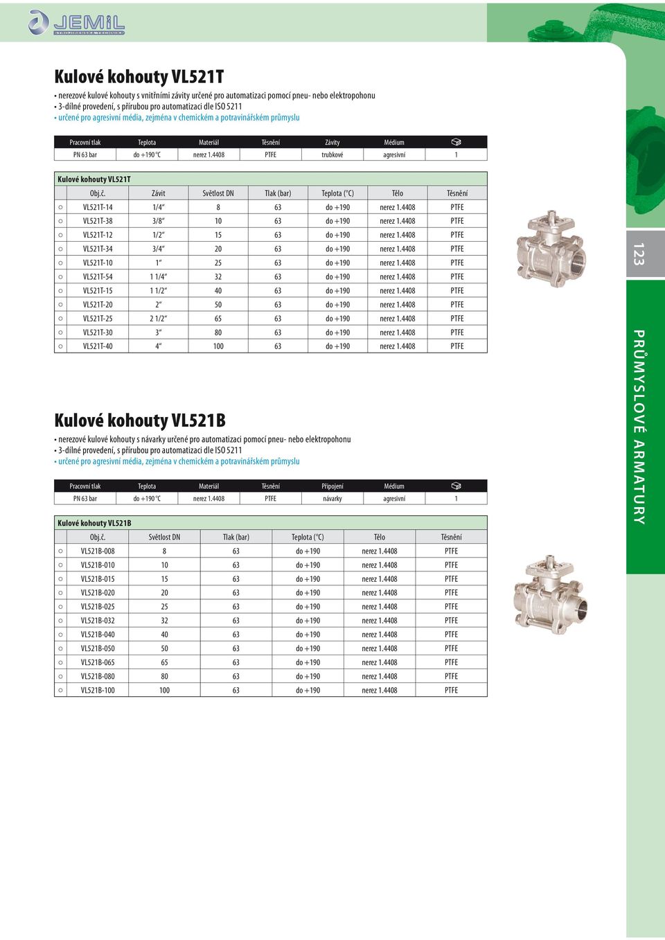 4408 PTFE trubkové agresivní 1 Kulové kohouty VL521T Obj.č. Závit Světlost DN Tlak (bar) Teplota ( C) Tělo Těsnění VL521T-14 1/4 8 63 do +190 nerez 1.4408 PTFE VL521T-38 3/8 10 63 do +190 nerez 1.