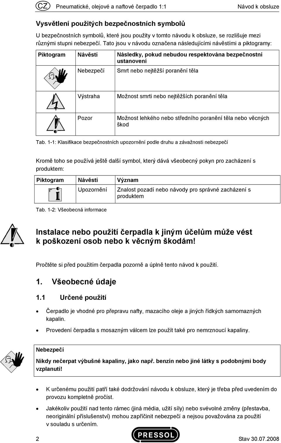 Tato jsou v návodu označena následujícími návěstími a piktogramy: Piktogram Návěstí Následky, pokud nebudou respektována bezpečnostní ustanovení Nebezpečí Smrt nebo nejtěžší poranění těla Výstraha