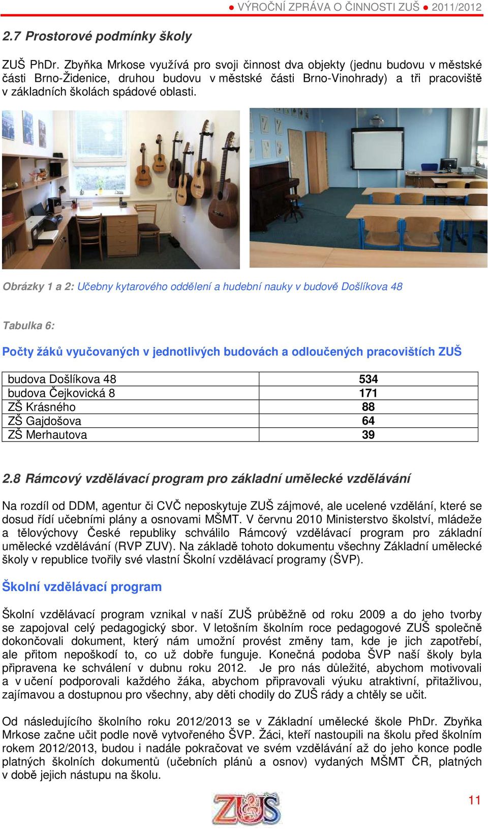 Obrázky 1 a 2: Učebny kytarového oddělení a hudební nauky v budově Došlíkova 48 Tabulka 6: Počty žáků vyučovaných v jednotlivých budovách a odloučených pracovištích ZUŠ budova Došlíkova 48 534 budova