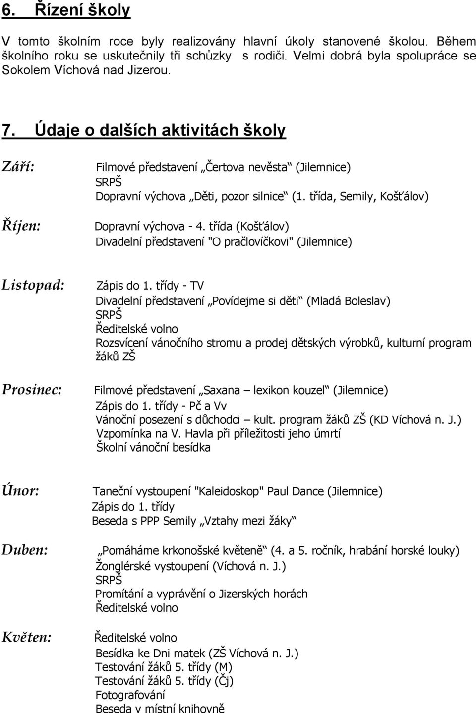 Údaje o dalších aktivitách školy Září: Říjen: Filmové představení Čertova nevěsta (Jilemnice) SRPŠ Dopravní výchova Děti, pozor silnice (1. třída, Semily, Košťálov) Dopravní výchova - 4.