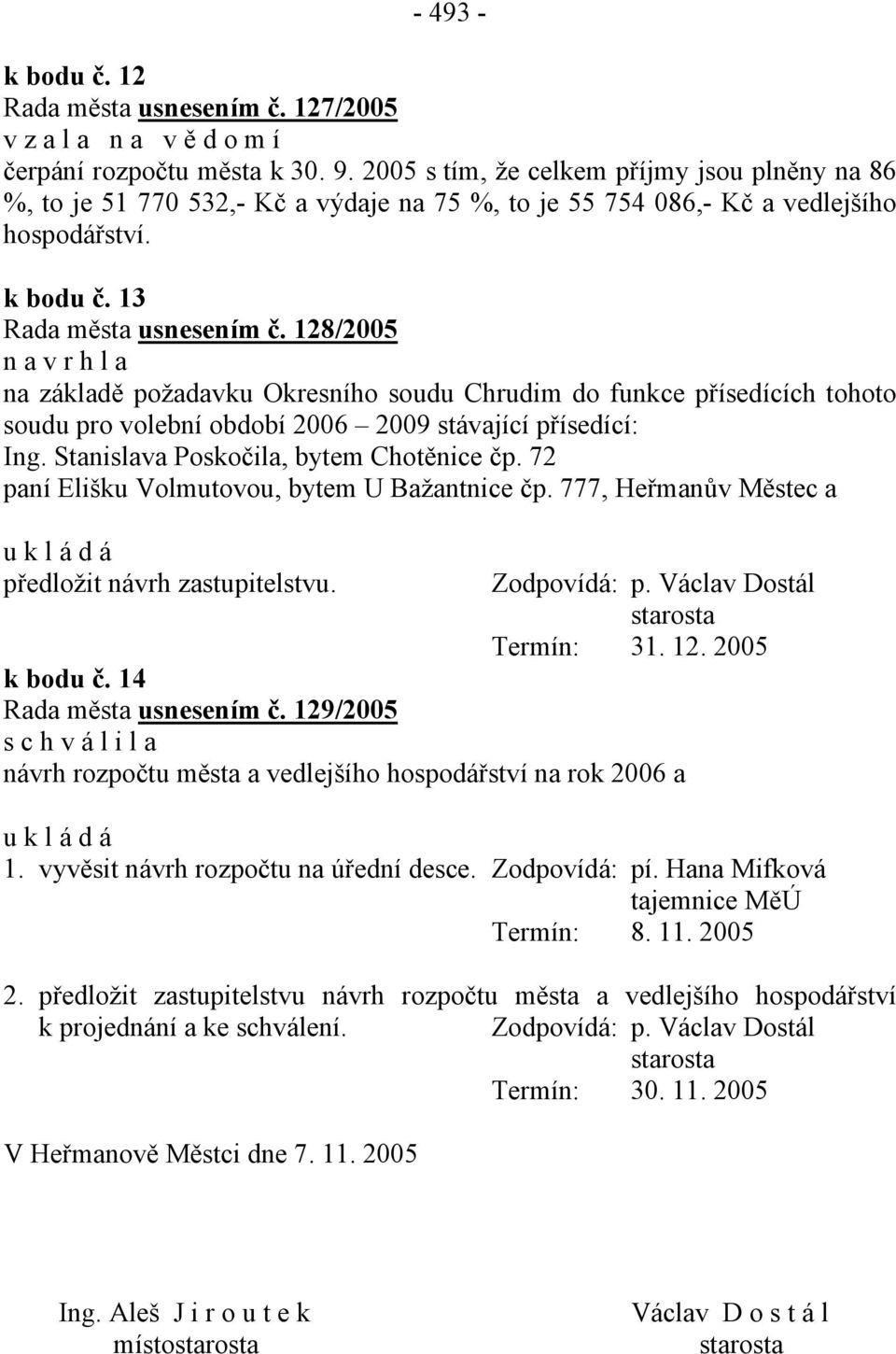 128/2005 n a v r h l a na základě požadavku Okresního soudu Chrudim do funkce přísedících tohoto soudu pro volební období 2006 2009 stávající přísedící: Ing. Stanislava Poskočila, bytem Chotěnice čp.