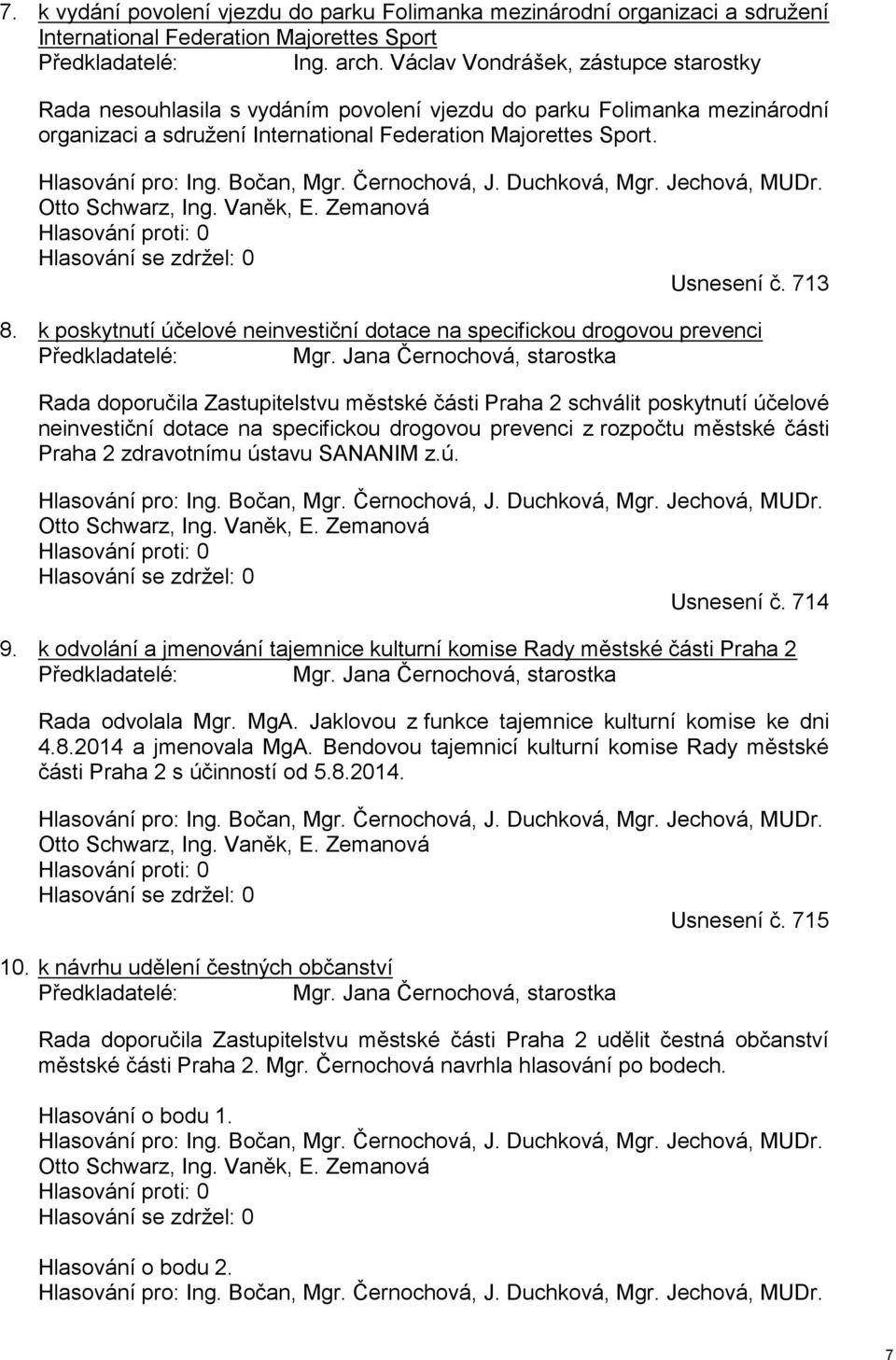 Bočan, Mgr. Černochová, J. Duchková, Mgr. Jechová, MUDr. Otto Schwarz, Ing. Vaněk, E. Zemanová Hlasování proti: 0 Hlasování se zdržel: 0 Usnesení č. 713 8.