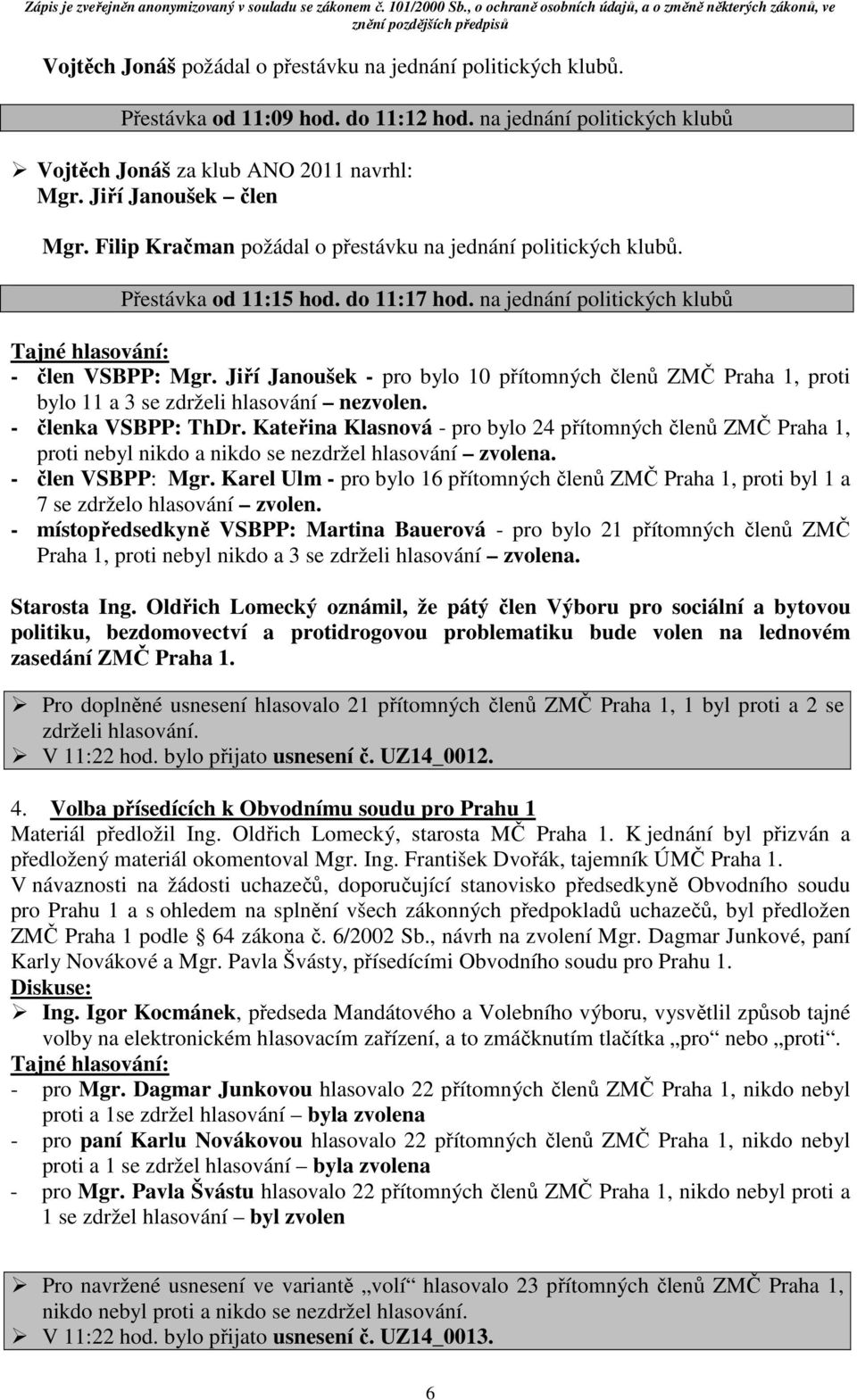 Jiří Janoušek - pro bylo 10 přítomných členů ZMČ Praha 1, proti bylo 11 a 3 se zdrželi hlasování nezvolen. - členka VSBPP: ThDr.