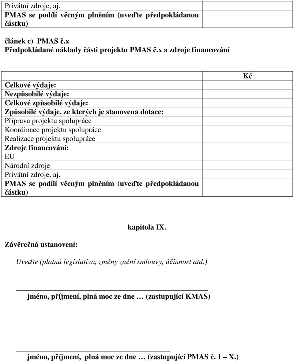 Koordinace projektu spolupráce Realizace projektu spolupráce Zdroje financování: EU Národní zdroje Privátní zdroje, aj.