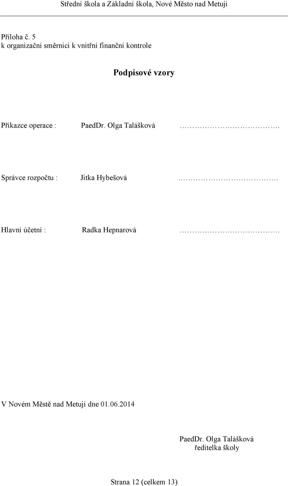 Příkazce operace : PaedDr. Olga Talášková.
