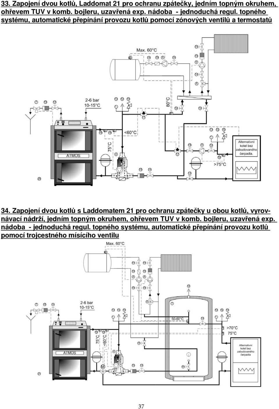 Zapojení dvou kotlů s Laddomatem 21 pro ochranu zpátečky u obou kotlů, vyrovnávací nádrží, jedním topným okruhem, ohřevem TUV v