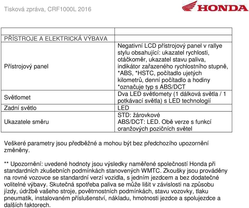 technologií LED STD: žárovkové ABS/DCT: LED. Obě verze s funkcí oranžových pozičních světel Veškeré parametry jsou předběžné a mohou být bez předchozího upozornění změněny.