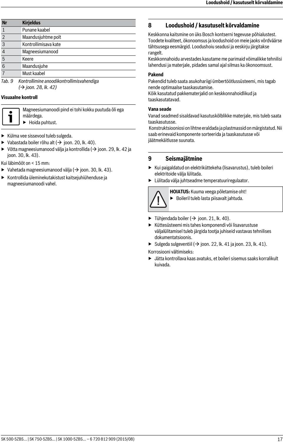 Vabastada boiler rõhu alt ( joon. 20, lk. 40). Võtta magneesiumanood välja ja kontrollida ( joon. 29, lk. 42 ja joon. 30, lk. 43). Kui läbimõõt on < 15 mm: Vahetada magneesiumanood välja ( joon.