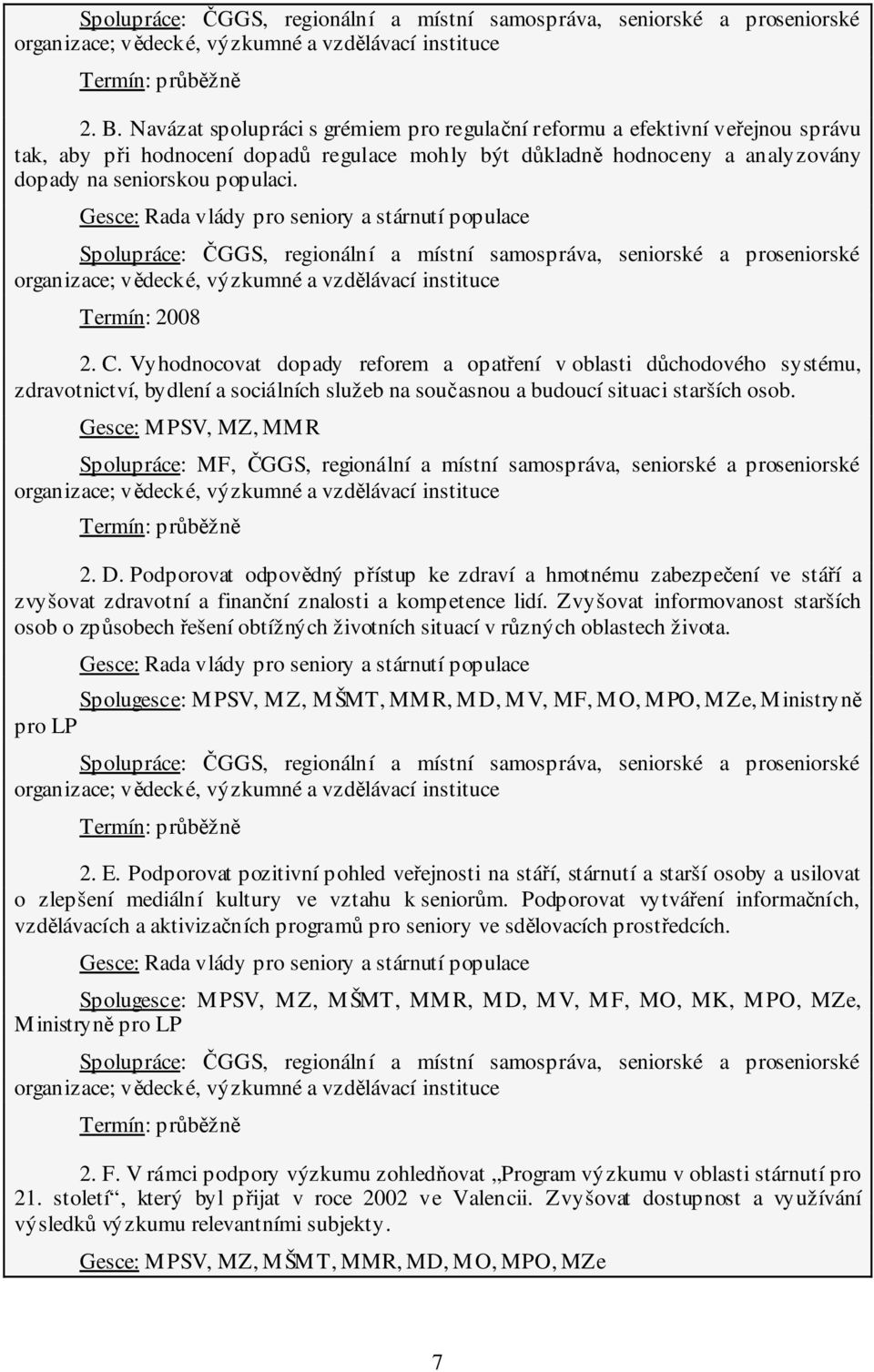 Gesce: Rada vlády pro seniory a stárnutí populace Spolupráce: ČGGS, regionální a místní samospráva, seniorské a proseniorské organizace; vědecké, výzkumné a vzdělávací instituce Termín: 2008 2. C.